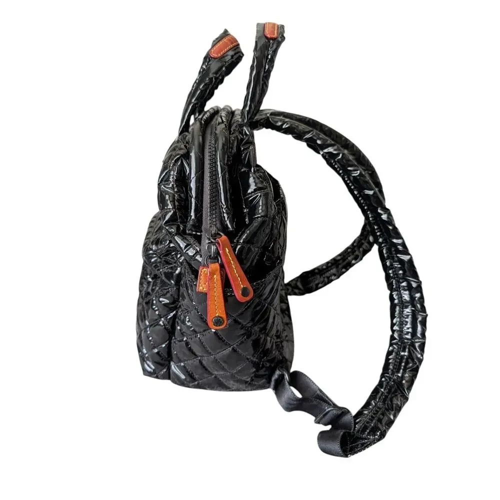 MZ Wallace Black Lacquer Quilted Metro Top Handle Patent Backpack Medium
